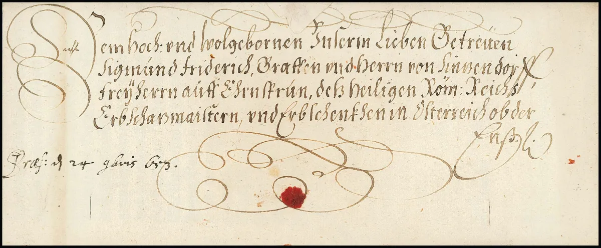 "Regensburg", 1653, rare lettre impériale avec contenu imprimé et signature autographe de l'empereur Ferdinand III, au dos grand sceau de papier