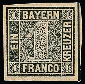 1 Kr. noir, Plaque I, pièce de cabinet non oblitérée à larges marges avec grandes parties de la gomme originale ainsi que le défaut de plaque marquant "coin dans le cadre droit du chiffre de valeur"...
