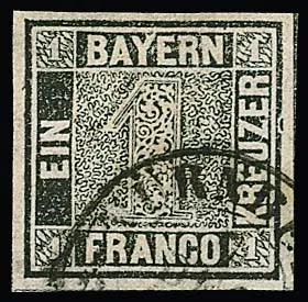 1 Kr. grauschwarz, Platte I, breitrandiges Kabinettstück mit K2 "Nürnberg", Marke mit Plattenfehler "Abspaltung an der rechten Randlinie bei Z von KREUZER",…
