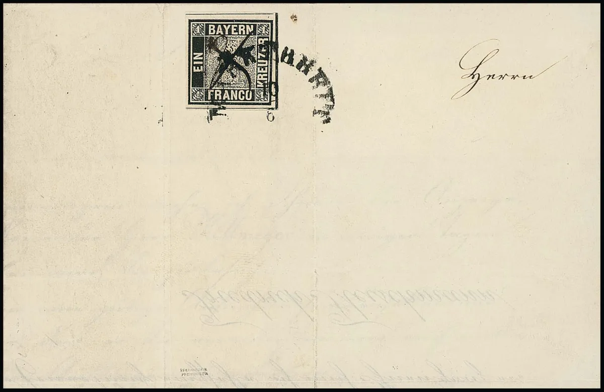 1 Kr. deep black, Plate I, three-side wide-margined cabinet piece on printed matter (without loop) with HK "Marktbreit" and pen cross, fresh condition,...