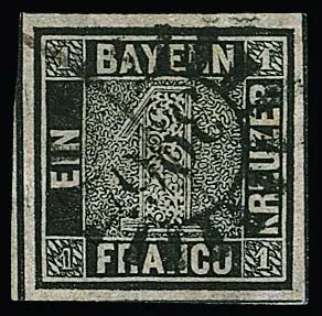 1 Kr. noir, Plaque 2, pièce de cabinet très larges marges sur tous les côtés, partiellement avec lignes intermédiaires, avec gMR "396" centrique et trait de plume. Certificat Stegmüller