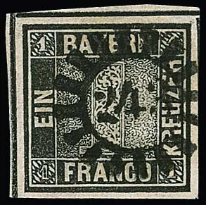 1 Kr. black, Plate II, very wide-margined luxury piece with centric gMR "243", sign. Hederer and certificate Brettl. Mi. 3,500,-