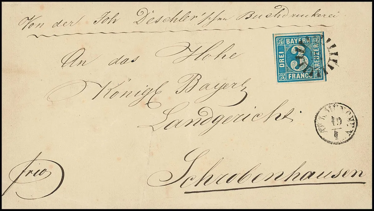 3 Kr. bleu, Pl. 2, sur lettre de cabinet avec gMR "16" et petit K1 "Au b. MÜNCHEN" (München en majuscules). Ce type n'apparaît sinon que sur…