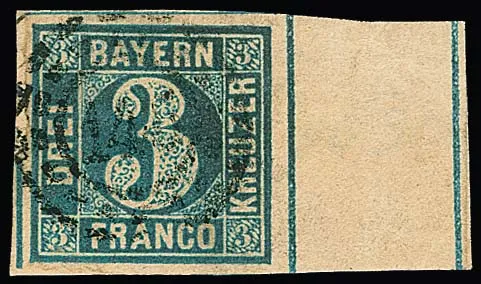 3 Kr. blue, Plate 5, right with 13.5mm wide sheet margin and intermediate bridge attachment, on small, original cabinet letter piece with oMR "145", signed Szekula…