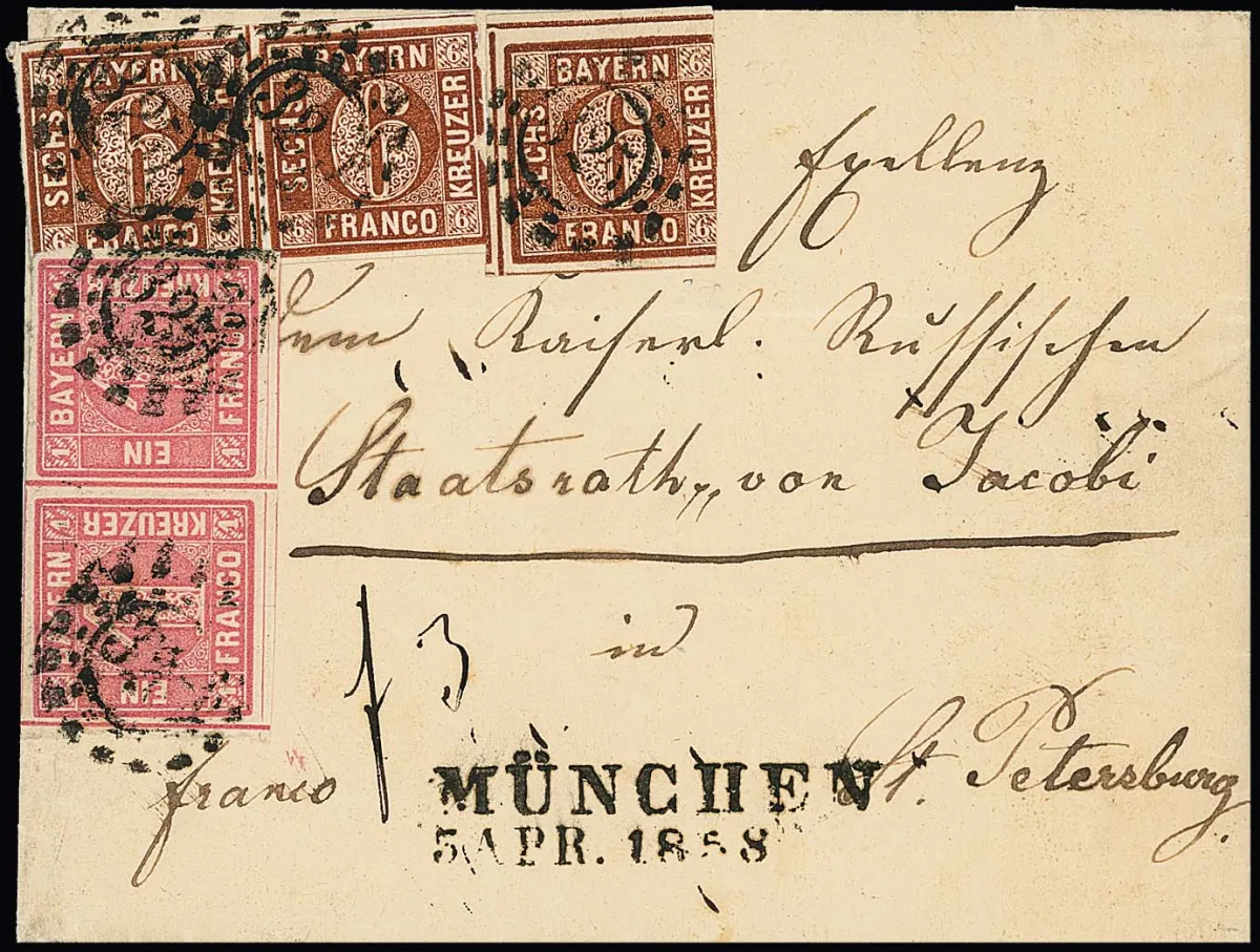 1 Kr. rose en paire, ainsi qu'une paire et une pièce unique 6 Kr. brun, comme affranchissement complet de 20 Kr. sur lettre avec oMR "325" et L2 "München" 1858 pour St.…
