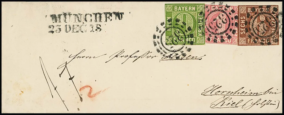 1 Kr. pink, 6 Kr. brown and 9 Kr. green, all in so-called "Zwergenschnitt", on fresh small lady's letter 1856 with oMR "325" and L2 "München" to Hornheim near…