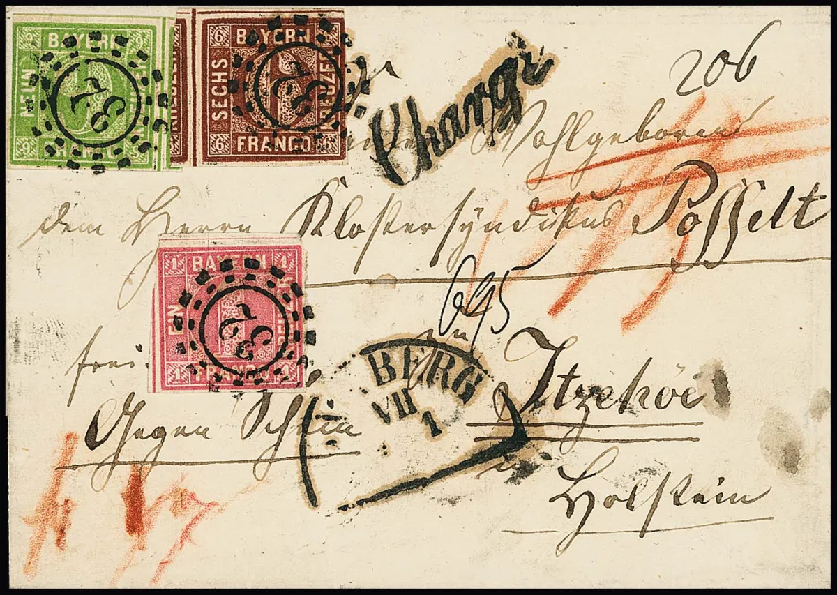 1 Kr. dark pink, together with 6 Kr. brown and 9 Kr. yellow-green on fresh registered letter with oMR "32" and HK "Bamberg" 1858 to the then Danish Itzehoe in…