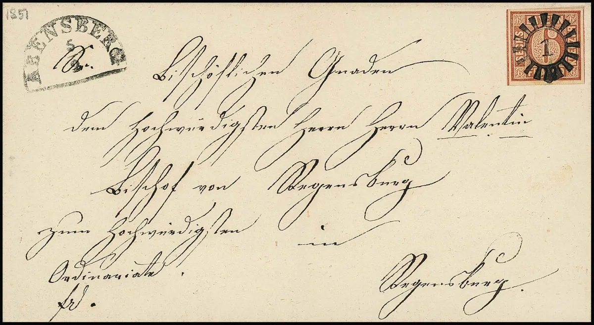 6 Kr. brun, Type I, pièce de luxe aux marges larges uniformes avec lignes de coupe sur les quatre côtés et gMR "1" idéalement centré, le HK "Abensberg"…