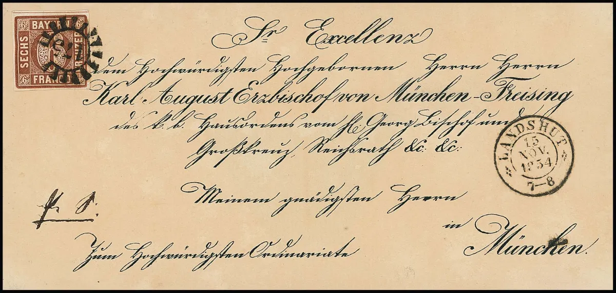 6 Kr. brun sur lettre d'évêque de cabinet 1854 avec gMR "175" et K2 "Landshut"