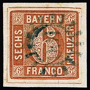 6 Kr. brown on cabinet letter piece with centered, rare blue gMR "100" of Furth i.W. in typical strike, Feuser + 600,-, signed Schmitt