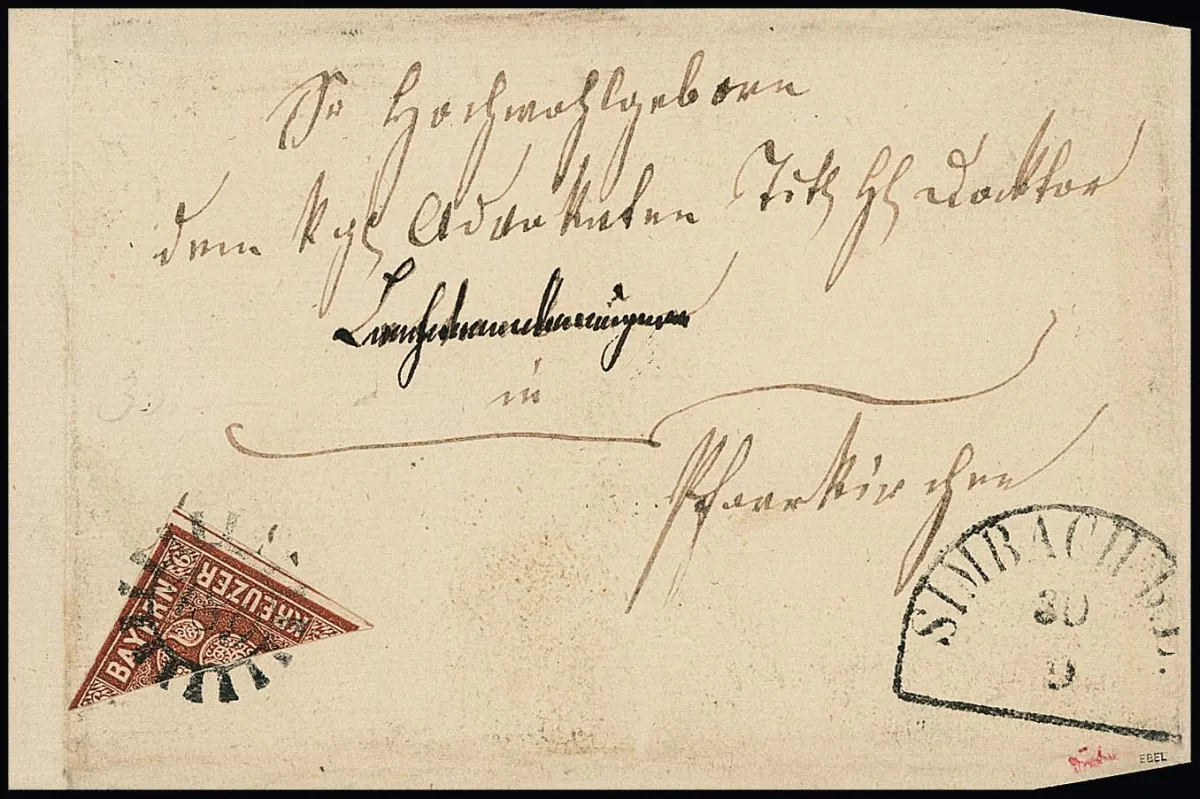 6 Kr. brown, rare diagonal bisect on letter front with gMR "489" and HK "Simbach b.L.", top only minimally touched, without postage due. Ex Burrus, "Romanow" (hammer price 1975 DM 12500,- + fees), signed Ebel, Drahn, Kruschel and certificate Schmitt