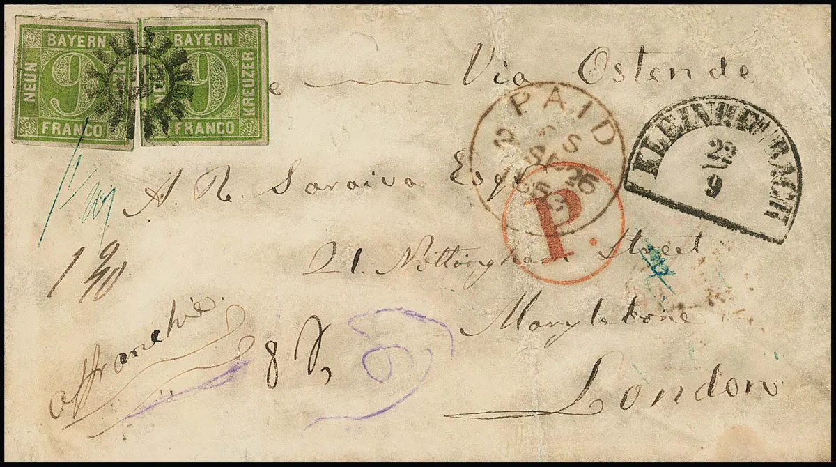 9 Kr. grün per zwei auf Couvert mit gMR "429" und HK "Kleinheubach" 1855 nach London. Teilfranko für die doppelte Gewichtsstufe bis Postvereinsgrenze (= 18…