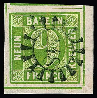 9 Kr. yellow-green, very wide-margined lower right sheet corner, all cutting lines, top marginal stamp, signed Krause