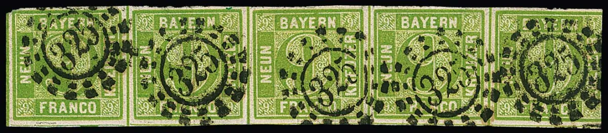 9 Kr. green, horizontal strip of five with clear oMR "325". All stamps type III, right stamp trimmed at right, small defects like hinge traces, two stamps missing silk threads, largest possible strip unit (Mi. for strip of four = 4000,-), signed Brettl, Grobe