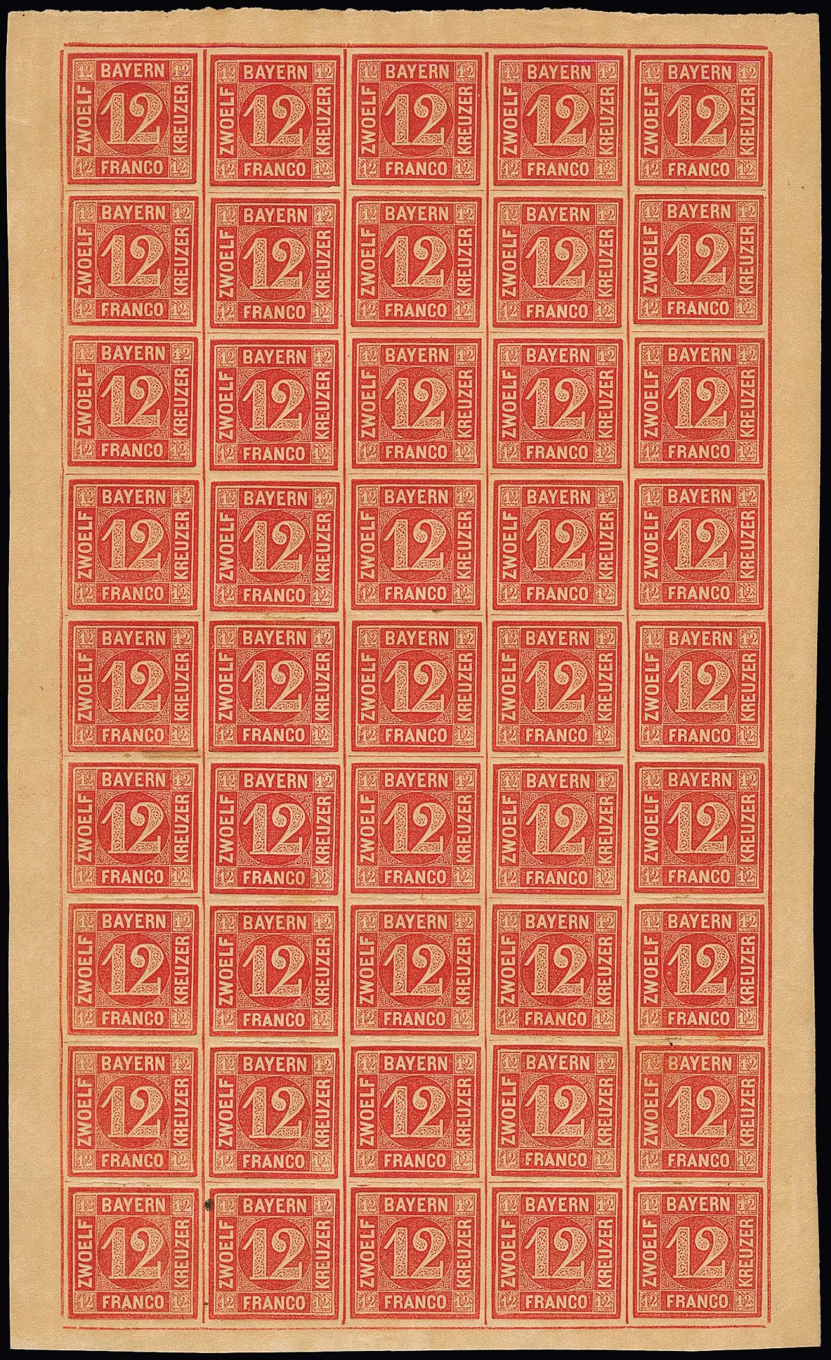 12 Kr. red, half counter sheet mint never hinged of 45 examples (hinge remnants only in corners outside) with full, typically slightly toned original gum. Only a few 45 sheets known. Mi. for 45 loose mint never hinged stamps = 15750,-, certificate Brettl