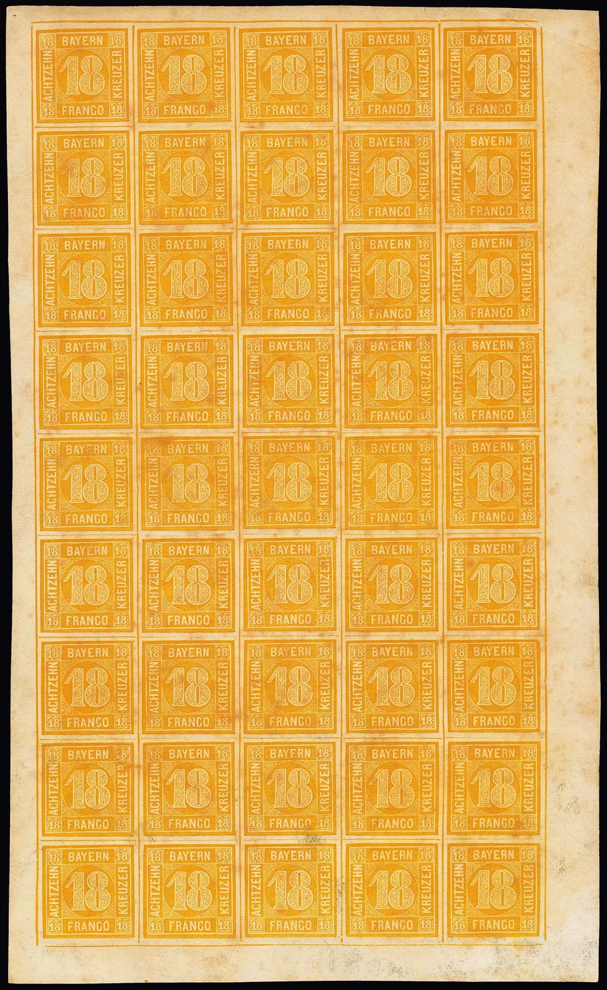 18 Kr. gelborange, halber Schalterbogen zu 45 Marken, davon zwei Eckmarken Falz, die restlichen 43 postfrisch bzw. eine Marke oben mittig etwas hell, oben…