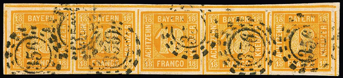 18 Kr. orange, waagerechter, sehr breitrandiger Kabinett-Fünferstreifen vom Oberrand mit oMR "356" (Nürnberg), alle Randlinien oben inkl. der beiden…