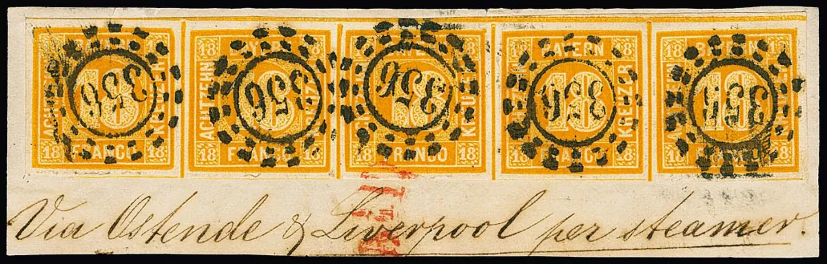 18 Kr. orange, bande horizontale de cinq du bord supérieur sur fragment de lettre de cabinet avec oblitération "356" (Nuremberg), une unité rare sur fragment de lettre d'outre-mer, signé Pfenninger et certificat Pfenninger/Brettl/Schmitt. Mi. pour bande de quatre 7500,-