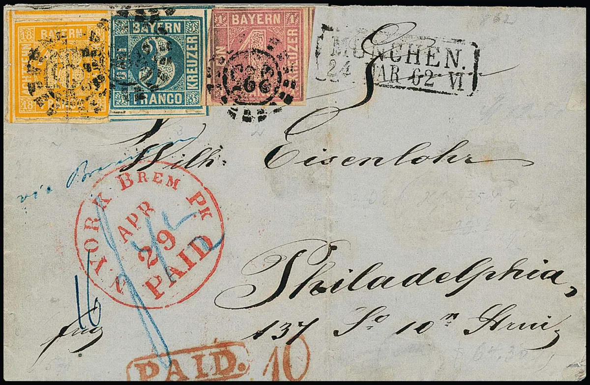 18 Kr. orange, tadellos und teils überrandig, nebst 1 Kr. rosa und 3 Kr. blau, Pl. 5, je links berührt/leicht angeschnitten, auf Überseebrief mit oMR "325"…