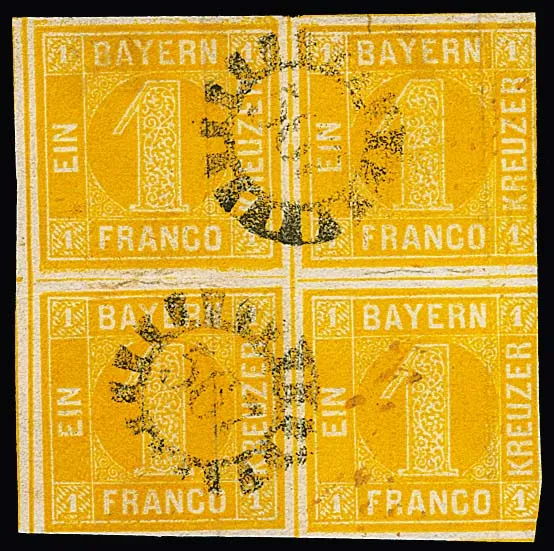 1 Kr. yellow-orange, rare used block of four with gMR "567" (Weinheim). Slight crease marks vertically in the right pair and this cut at right, certificate Brettl. Mi. 3000,-