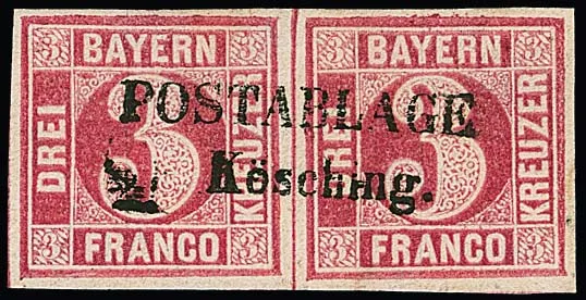 3 Kr. rose carmin, paire de luxe horizontale avec L2 idéal et complet "POSTABLAGE Kösching" (rare!), signé Brettl