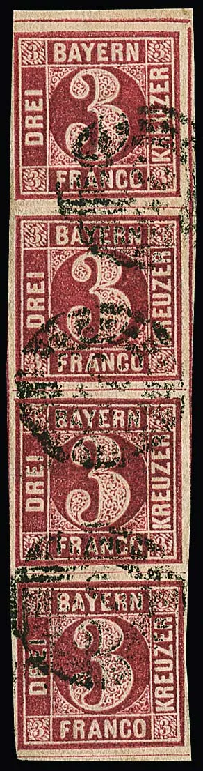 3 Kr. deep red, rare vertical superb strip of four, very unusual as vertical unit, signed Brettl with certificate "impeccable". Mi. 1800,-
