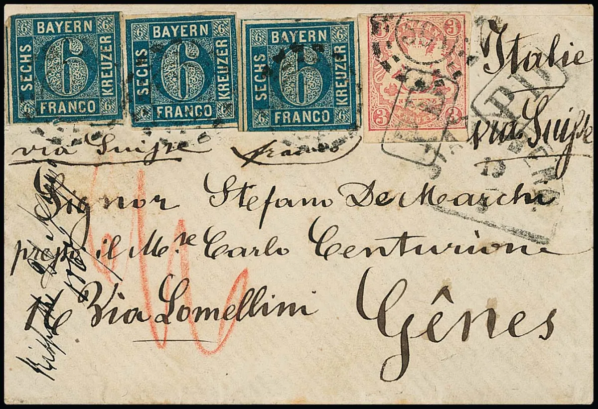 6 Kr. blauw, drie exemplaren (kleine randdefecten) in gemengde frankering met wapenschild 3 Kr. roze op klein damescouvert (achterzijde mist deel van bovenste kwartflap)…