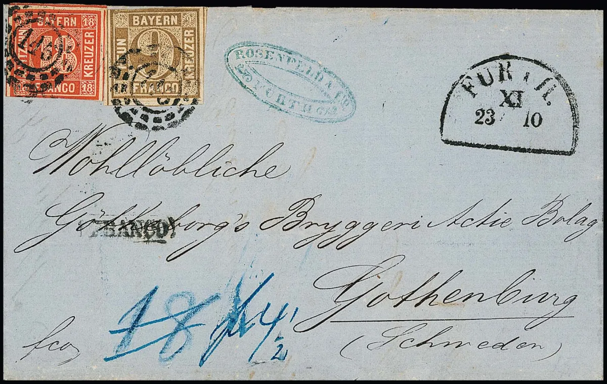 9 Kr. ochrowo-brązowy i 18 Kr. cynobrowa czerwień, każdy z jednej strony lekko dotknięty, na całkowicie oryginalnym liście z oMR "145" i HK "Fürth" do…