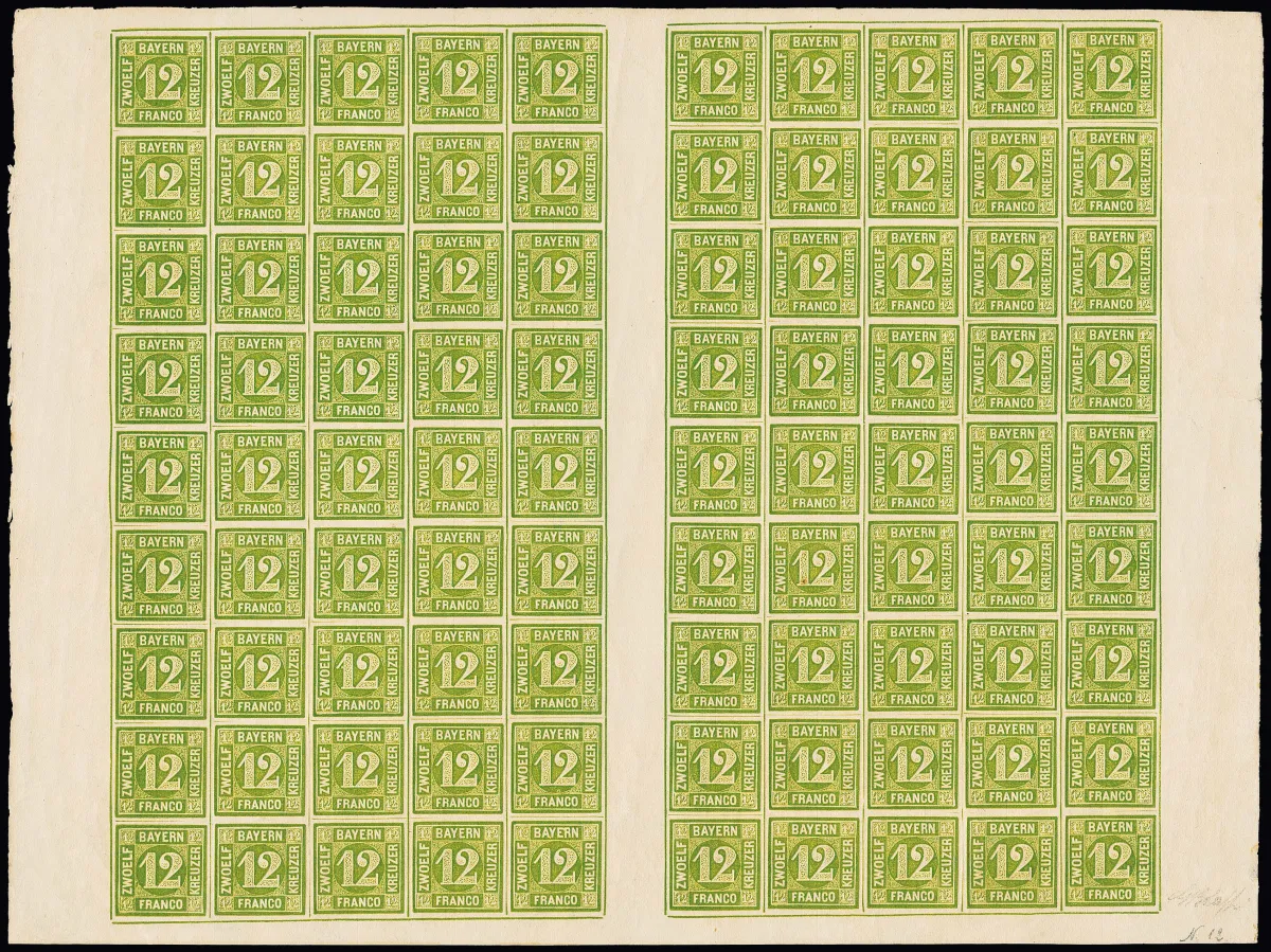 12 Kr. yellow-green, complete sheet of 90 examples with two half-sheets of 45 examples and nine gutter pairs, with all three Michel-registered plate flaws…