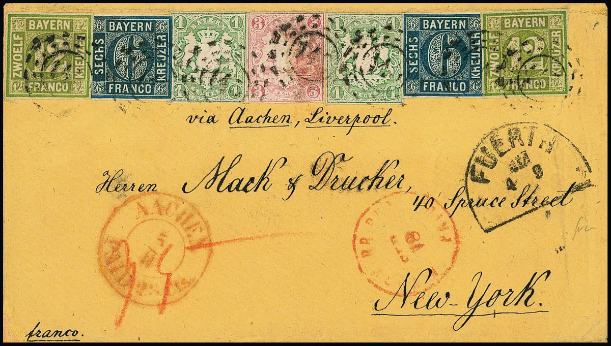 12 Kr. grün und 6 Kr. blau je per zwei in Mischfrankatur Wappen 1 Kr. grün per zwei und 3 Kr. rosa (diese gering fleckig) auf beigem Couvert aus der…
