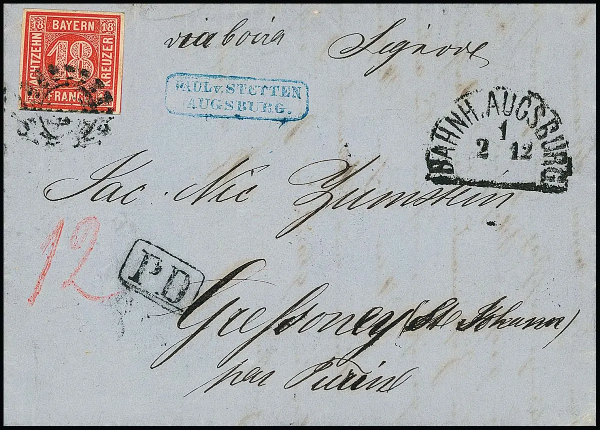18 Kr. vermilion red, cabinet piece as single franking on foreign letter with light oMR "28" and HK "Bahnh. Augsburg" 1863 to Gressoney/Piedmont (Sardinia),…