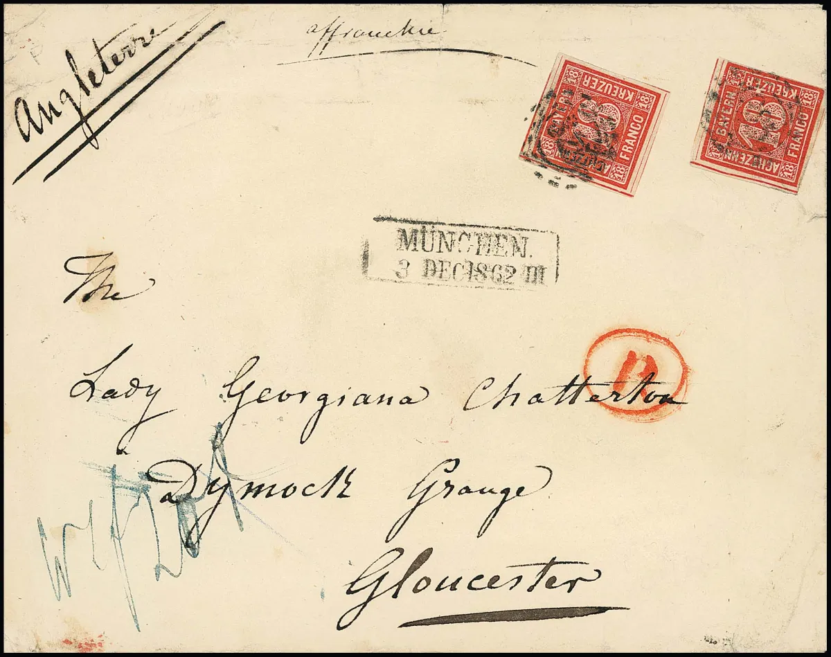 18 Kr. rouge cinabre par deux, une pleine marge, une très large marge, sur enveloppe de 2e poids avec oMR "325" et Ra2 "München" vers Gloucester/Angleterre. L'…