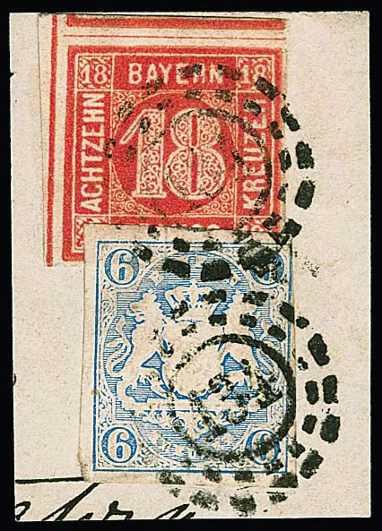 18 Kr. orange-red, oversized cabinet piece in mixed franking with coat of arms 6 Kr. light blue (top right barely touched) on letter fragment with oMR "134" (Frankenthal).…