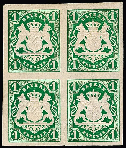 1 Kr. dark green, partly very wide-margined unused cabinet block of four, bottom right stamp even mint never hinged. Small pre-separation cut only in the gap. Very rare unit of this shade, certificate Sem. Mi. for hinge 1600,-