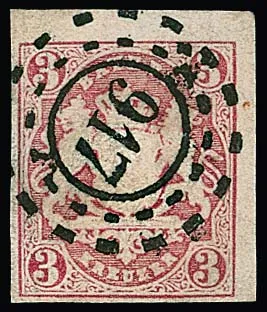 3 Kr. rosa mit sehr klar abgeschlagenem und sehr seltenem oMR "917" (Kirchheim a. Eck). Links am Rand geschlossener Einschnitt (unauffällig), sonst ein…
