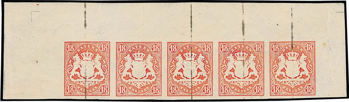 18 Kr. vermilion red, mint never hinged top margin strip of five with up to 24.5mm wide sheet margins and both sheet corners, only hinge remnants in the margin, a decorative and perfect unit, signed Brettl. Mi. for pair and strip of three = 1650,-