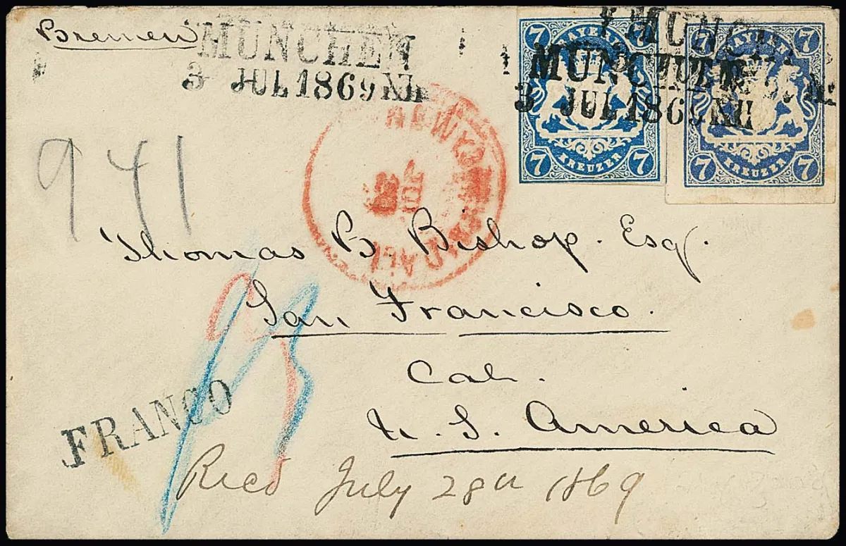 7 Kr. Pruisisch blauw, met 7 Kr. normale ultramarijn op klein damescouvert, München 1869