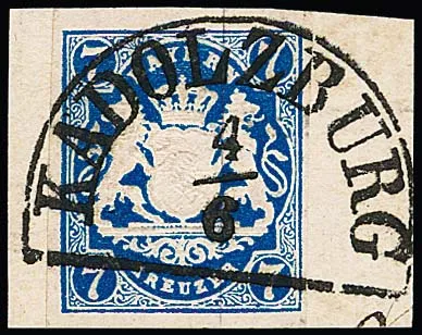 7 Kr. royal blue, good colour, on particularly beautifully cancelled luxury piece with ideal HK "Kadolzburg". A collector's item! Signed with certificate Schmitt. Mi.…