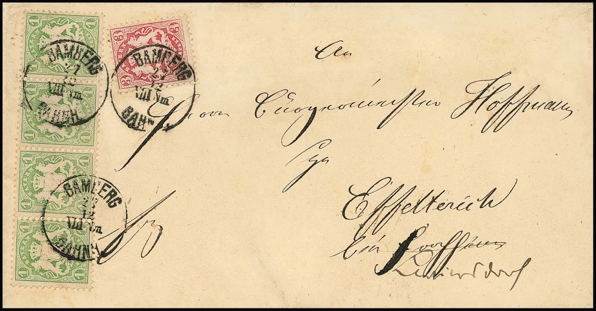 1 Kr. vert bleuâtre en bande horizontale de quatre, avec 3 Kr. rose, sur lettre avec K1 "Bamberg Bahnh." pour Effelterich. Combinaison rare. Certificat Sem.