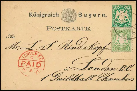 1 Kr. světle zelená (pravý horní rožek mírně tupý) na celině 2 Kr. zelené s K1 "Fuerth" do Londýna, 19.7.1875. Vzácné tarifní období. Foto exp. Brettl.