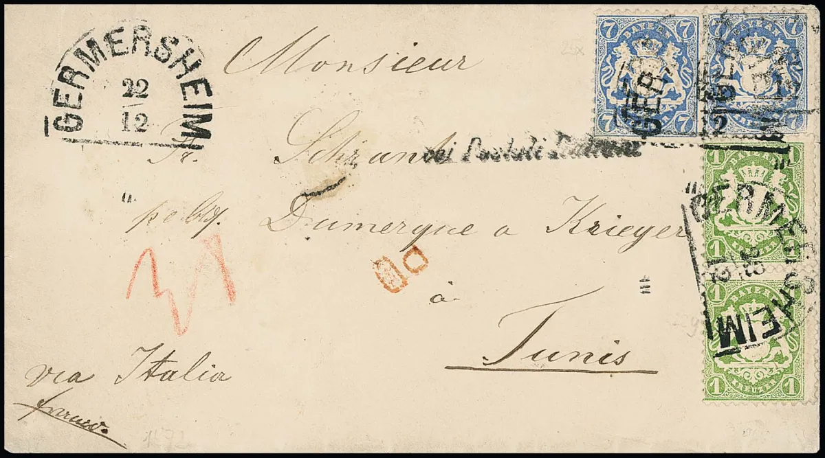 1 Kr. vert jaune, filigrane "losanges larges", et 7 Kr. bleu mat, filigrane "losanges serrés", chacun par deux, sur enveloppe 1872 avec HK "Germersheim" pour Tunis/Afrique.