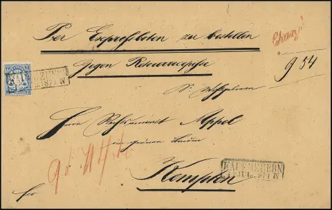 7 Kr. modrá jednotlivě na kabinetním doporučeném expresním dopise proti recepisu 2. váhového stupně s Ra2 "Kaufbeuern" do Kemptenu. Odesílatel musel navíc zaplatit 6 Kr. poplatek za doporučení, 6 Kr. za zpáteční recepis a 9 Kr. expresní poplatek v hotovosti, celkem 28 Kr. Tak vzácné frankování, certifikát Stegmüller