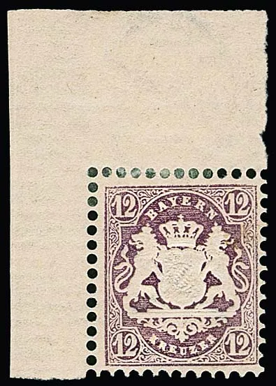 12 Kr. purpur, ungebrauchte große linke obere Luxus-Bogenecke. Sign. Stock und Attest Sem. Mi. 450,- +