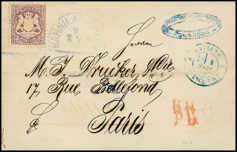 12 Kr. purpurová, vzácná jednotlivá frankatura na uprostřed přeloženém dopise s modrým razítkem "Bahnh. Augsburg" 1872 do Paříže. Horní okraj známky je nenápadně opraven. Modré tranzitní razítko K2 "Baviere Avricourt" vedle. Mi. 6000,-, sign. Ebel, Ullmann a certifikát Schmitt. Ze stejné korespondence známé nábytkářské firmě "Drucker" jsme zaregistrovali několik identických dopisů (8. Stock 1920, Slg. "Rheingold")