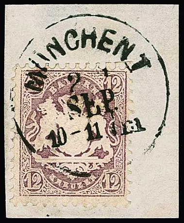 12 Kr. purpurová na luxusním ústřižku dopisu s ideálním K1 "München I". Tato často špatně a nejasně orazítkovaná známka je v tomto krásném stavu vzácná! Certifikát Brettl. Mi. 1400,- +