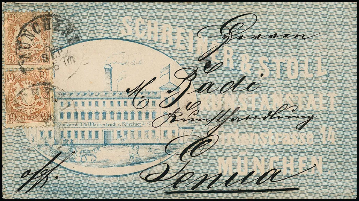 9 Kr. braun, zwei gut gezähnte Exemplare auf dekorativem blauem lithographiertem Vordruck-Couvert der "Kunstanstalt Schreiner & Stoll" aus München mit…