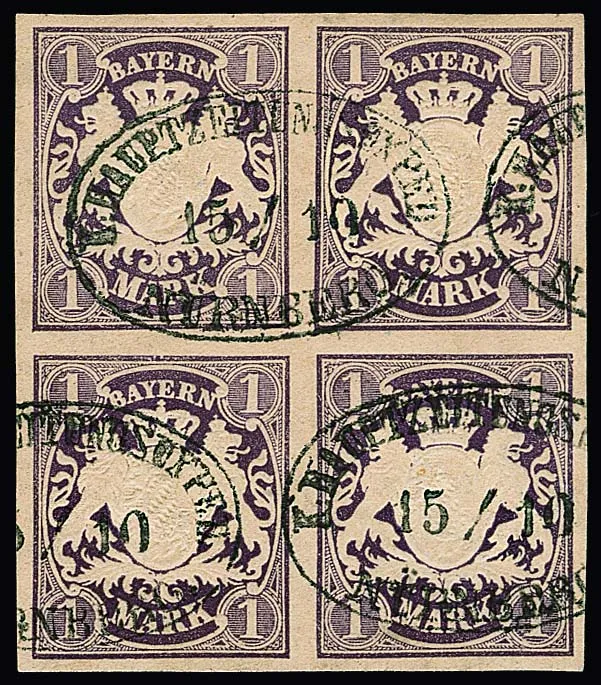 1 Mk. dark violet, wide-margined and very fresh luxury block of four on small original letter piece with oval cancel of the newspaper expedition of the Nuremberg main post office. A beautiful and rare unit, signed Stock and certificate Brettl. Mi. 2500,-