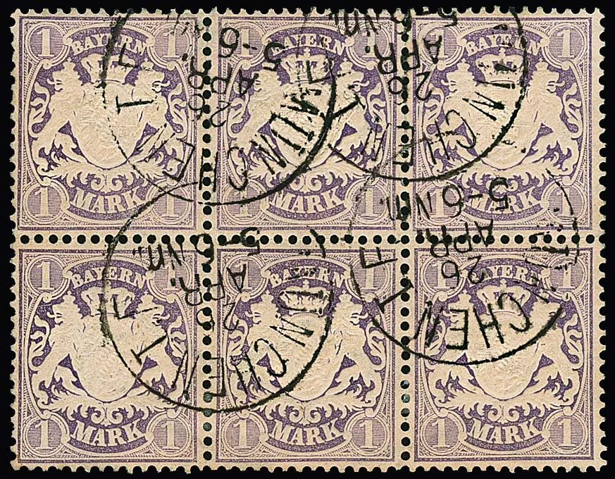 1 Mk. purpurviolett, Kabinett-Sechserblock mit K1 von München, gut gezähnt, ganz geringfügig angetrennt. Eine seltene Einheit (Mi. für Viererblock 1200,-!),…