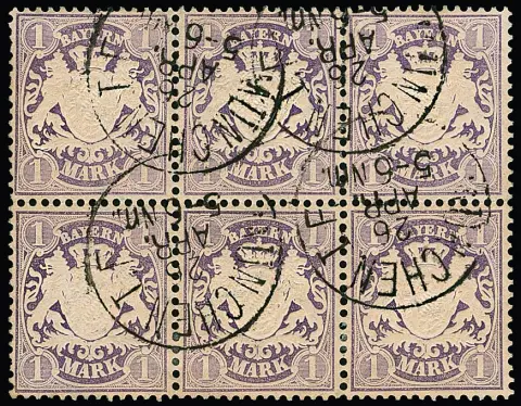 1 Mk. purpurově fialová, kabinetní šestiblok s K1 z Mnichova, dobře zoubkovaný, velmi lehce oddělený. Vzácná jednotka (Mi. za čtyřblok 1200,-!), certifikát Brettl