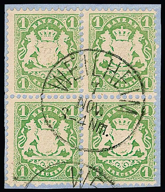 1 Kr. groen, watermerk "golflijnen", in blok van vier op kabinetbriefstuk met K1 "Weilheim". Een zeldzame eenheid van deze uitgave! Gesigneerd Pfenninger en certificaat Schmitt. Mi. 1600,-